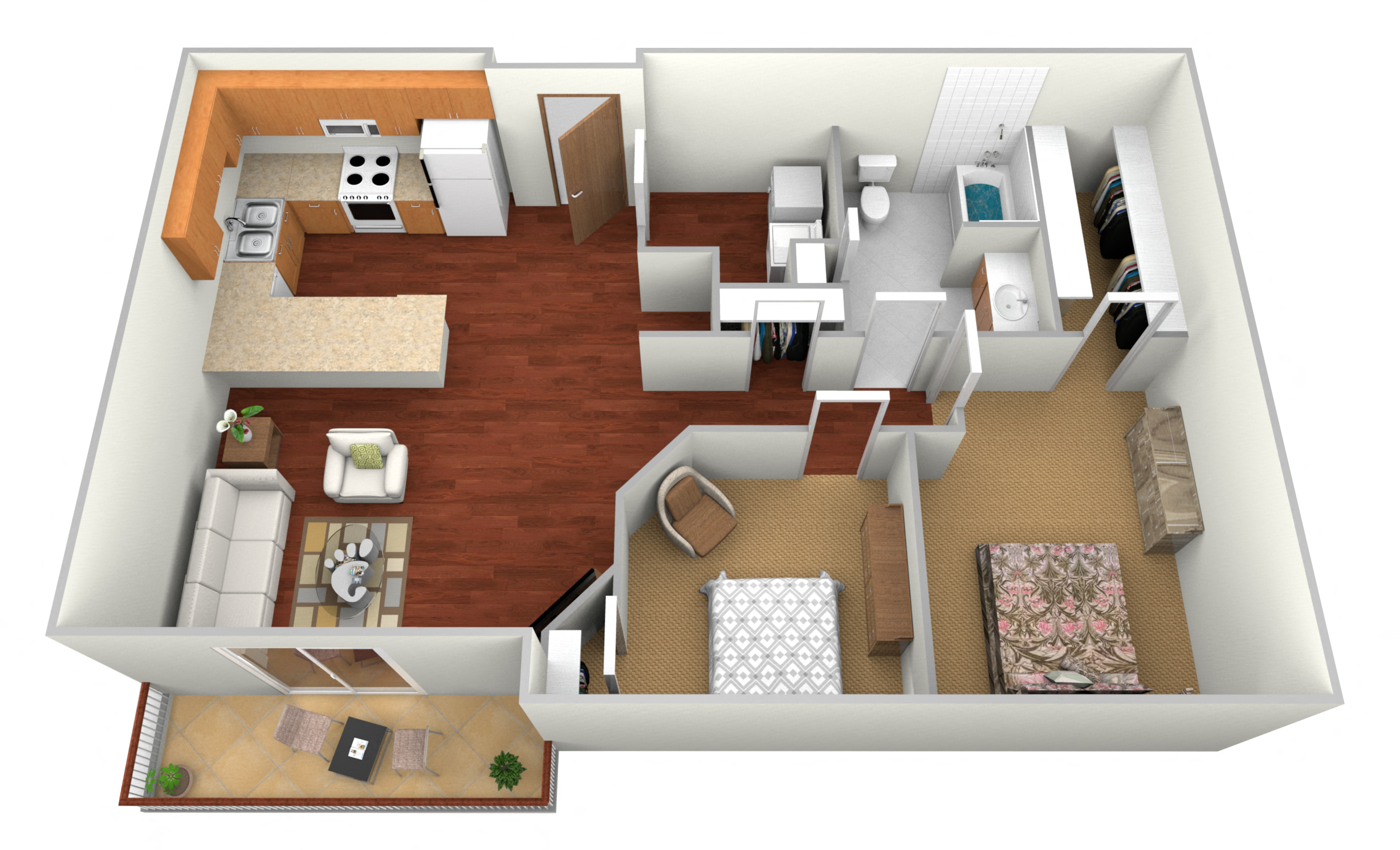 Floor plan for 2 beds, 1 bath, 980 sqft
